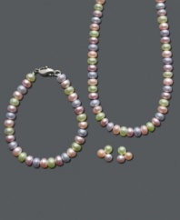A set of perfect pearls is a timeless gift for that special little girl in your life. Fresh by Honora presents a remarkable pastel multicolor cultured freshwater pearl (5-6 mm) set which includes a pearl strand necklace, a pearl strand bracelet, and a three-pearl pair of post earrings. Jewelry set crafted in sterling silver. Approximate necklace length: 15 inches. Approximate bracelet length: 6 inches. Approximate earring diameter: 1/4 inch.