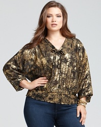 In lieu of sequins, don this MICHAEL Michael Kors tie neck blouse with a burnished golden finish to your next party for subdued, shimmering style.