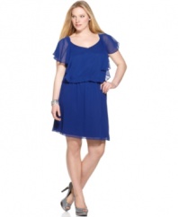 A blouson-style fit with sheer short flutter sleeves make for a flattering plus size dress by SL Fashions.