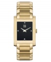Refined and elegant. This ESQ by Movado men's watch features a goldtone stainless steel bracelet and rectangular case. Black rectangular dial with logo and diamond accent indices. Quartz movement. Water resistant to 30 meters. Two-year limited warranty.