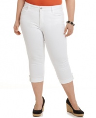 A sleek fit defines Not Your Daughter's Jeans' plus size cuffed capris, featuring a control panel for a flattering shape-- pair them with your favorite tanks and tees!