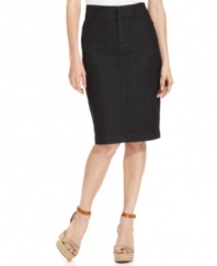JM Collection's petite denim skirt has a crisp dark wash and a sleek pencil silhouette -- a perfect piece for work or play!