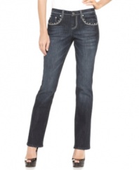 This pair of Earl Jeans petite jeans is dressed for after dark, featuring jewel-like studding and shimmering embroidery at the pockets and a fashionable wash with whiskering and fading.