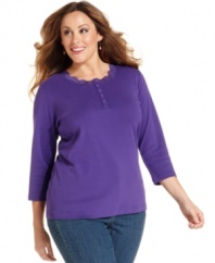 Top off your weekend style with Jones New York Signature's three-quarter-sleeve plus size henley, elegantly accented by lace trim.