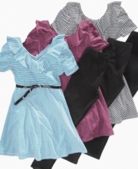 She can dress up her fall looks with one of these belted stripe dresses from Epic Threads, paired with a comfy set of matching leggings.