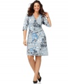 A slimming panel and faux wrap design lend a sleek silhouette to Elementz' three-quarter sleeve plus size dress-- look sensational from day to play!