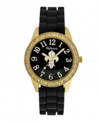 A golden fleur de lis adds a luxe touch to this bold watch by Style&co. Black silicone bracelet and round gold-plated mixed metal case. Bezel embellished with crystal accents. Black dial features gold tone numerals, large fleur de lis at center, three hands and logo. Quartz movement. Splash resistant. Two-year limited warranty.