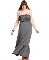Get set for the beach and beyond with Soprano's strapless plus size maxi dress, finished by ruffles.