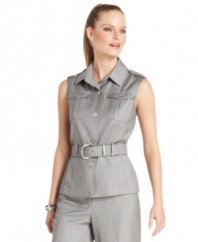 Calvin Klein's sleeveless jacket looks sharp with military-inspired styling and a belted waist. A perfect way to top off your workday look for summer!