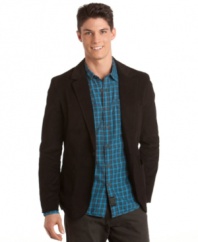 With sueded texture, this Calvin Klein blazer one-ups your weekend wardrobe with sleek style.