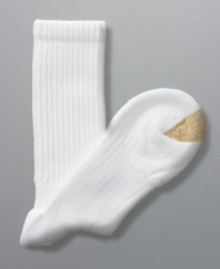 The gold standard in socks. It's a soft, breathable sock that absorbs sweat and keeps feet cool and dry. Cushioned bottoms and gold panel at toe. Three pairs to a pack.