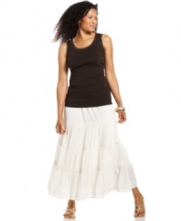 Create an ethereal look for the beach and the street in this JM Collection cotton maxi skirt, featuring crinkled cotton and lace-trimmed tiers.