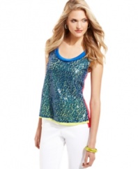 T Tahari's colorblocked petite top is a perfect choice for a night on the town! Sequins add glam while a high-low hemline makes it fashion-forward.