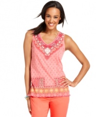 Mixed geometric prints and gorgeous beading lends a faraway look to this petite tank top from Charter Club. Pair it with matching vibrant pants for a casual, comfortable ensemble that's so put-together!