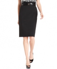 Calvin Klein adds a little edge to a petite pencil skirt with high-waisted silhouette and a double-wrap belt. Wear it with an array of coordinating tops from this stylish collection or others you already have at home.