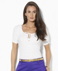 Designed in mid-weight cotton jersey for luxe comfort, Lauren by Ralph Lauren's short-sleeved petite top features smocked cuffs and beaded drawstring ties for boho-chic style. (Clearance)