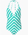 She can paddle out with a fun, fashionable look in this striped swimsuit from Roxy.