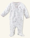 Ralph Lauren Childrenswear printed 2 piece set. An adorable kimono-style top and pant set in soft cotton jersey. Wrap top has long sleeves with fold-over detail. V-neckline with side ribbon tie. A single-snap closure at the hem. Ribbing at the neckline, placket and cuffs. Footed pant has elastic waistband and straight leg. Signature embroidered pony accents the chest.
