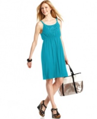 Style&co. ups the ante on a classic petite day dress with charming crochet and dazzling beads! (Clearance)