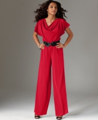 This breezy, blousy petite jumpsuit by AGB features a relaxed stretch fit and a nipped belted waist to create a feminine silhouette.
