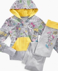 Fun fashion with the pull of a zipper. She'll cozy up to this zip-front hoodie from Hoodsbee, with silly doodles for style. Comes with a back-to-school special snap bracelet!