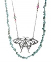 Beautifully boho-chic. Lucky Brand epitomizes free-spirited style with this whimsical two row necklace. Design features a strand of semi-precious reconstituted calcite turquoise and a delicate open work butterfly pendant with colorful plastic bead accents. Set in mixed metal. Approximate length: 26 inches + 2-inch extender. Approximate drop: 4 inches.