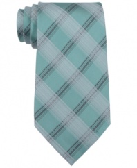 Send your stripes to the break room and get hip to this plaid tie from Calvin Klein.