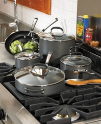 This all-inclusive cookware set from Simply Calphalon is simply irresistible. With its quick-heating, hard-anodized exterior and double coating of exclusive nonstick formula, you'll bring out the best in your kitchen meal after meal. 10-year warranty.