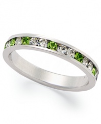 Traditions beautiful stacking ring is perfect when paired with other slim rings, but makes a pretty sparkling statement all its own. Crafted in sterling silver, a thin band features a round-cut gradation of green and clear crystals with Swarovski elements. Size 5-10.