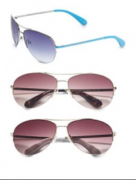 Classic metal aviator style with signature logo on plastic colored temples. Available in turquoise with blue gradient lens, tortoise with brown gradient lens, white with brown gradient lens, red with brown gradient lens, blue/silver with grey lens or ivory/copper with brown gradient lens. 100% UV protection Imported