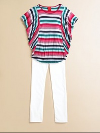 A cute, poncho-style design is splashed with a rainbow of striped colors and pretty flutter sleeves.CrewneckShort flutter sleevesPullover styleRound hemRayonMachine washImported