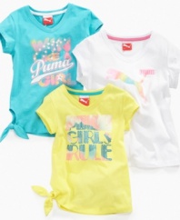 Kick up her casual style with one of these glittery t-shirts with side-tie detail from Puma. (Clearance)