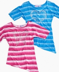 Off the hip. These asymmetrical-hem striped tops from Self Esteem will give her a modern look.