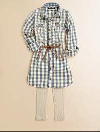 She'll be a little bit country in this adorable plaid shirt dress with patch pockets and a studded leather belt. Point collarButton frontLong sleeves with button cuffsFront button flap chest pocketsSide slash pockets with leather trimStudded leather self-tie beltCottonMachine washImported