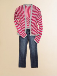 Brilliant, contrasting stripes brighten up an open-front cardigan for warmth and style.Waterfall frontLong sleevesPull-on styleRayonMachine washImported