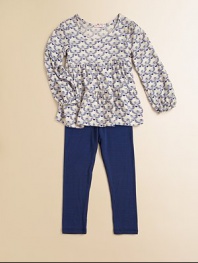She'll be a hoot in this charming two-piece set featuring an owl-motif tunic and matching leggings. Shirt Scoop neckLong sleeves with gathered cuffsAsymmetrical ruffle hem Leggings Pull-on styleRayonMachine washImported