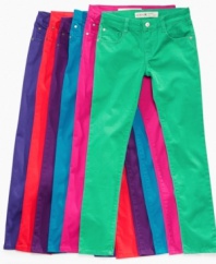 Skinny through the thigh and leg, these colorful skinny jeans from Epic Threads are comfy, cute and stretchy.