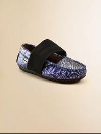 Metallic flecks lend a celestial touch to these cozy moccasins in plush leather with a thick elastic strap for a perfect fit.Slip-on with elastic closureLeather upperLeather liningRubber solePadded insoleImported