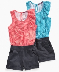 She can set her sights on new style horizons with the striped ruffles on this asymmetrical romper from Epic Threads.