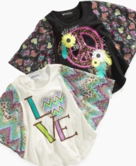 Kaleidoscopic. With cute mixed prints on the chiffon of these dolman-sleeve shirts from Self Esteem, she can show off her hippie chic.