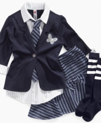 With the attached layers and even a tie on this blazer-style sweater, she'll be able to balance serious and sweet.