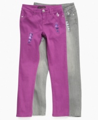 Breakout style. Sequined rips on the front of these denim jeans from Baby Phat will make her stand out from the crowd.