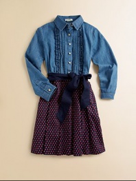 The timeless denim shirt with pintucking detail and a ruffled placket meets a colorful dot skirt for a fashion-forward ensemble.Shirt collarLong sleeves with button cuffsButton-frontBelted waistFull skirtCottonMachine washImported Please note: Number of buttons may vary depending on size ordered. 