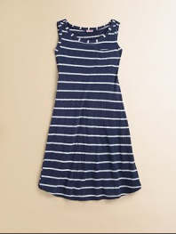 Eye-catching, nautical-inspired stripes embellish this cozy knit frock for your little sailor.BoatneckSleevelessPullover stylePatch pocketRounded hem39% supima cotton/39% micro modal/22% polyesterMachine washImported