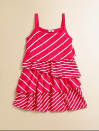Tiers of ruffles get mixed up in stripes that adorn this warm-weather ready frock ScoopneckSpaghetti strapsPullover styleFull, ruffled skirt39% supima pima/39% micro modal/22% polyesterMachine washImported