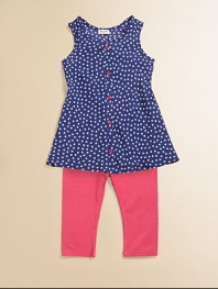 Pretty little polka dots and contrasting buttons add punch to a charming, flared tunic, paired with soft leggings.Round necklineSleevelessPullover styleFlared hemElastic waist47% pima cotton/47% modal/6% spandexMachine washImported