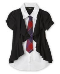 A necktie on the front of this cozy layered cardigan gives her a back-to-school look that sets its own rules.