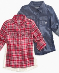 Classic plaid or denim, with cute crochet accents on the back, these shirts from Guess enhance her adorable all-American style.