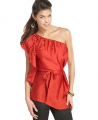 Bring chic, fiesta style to any occasion with this one-shoulder top from XOXO designed with eyelet cutouts!