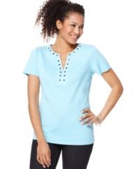 This petite tee from Karen Scott features a little sparkle, thanks to rhinestones at the neckline. Pair it with dark jeans or black trousers for easy everyday style.